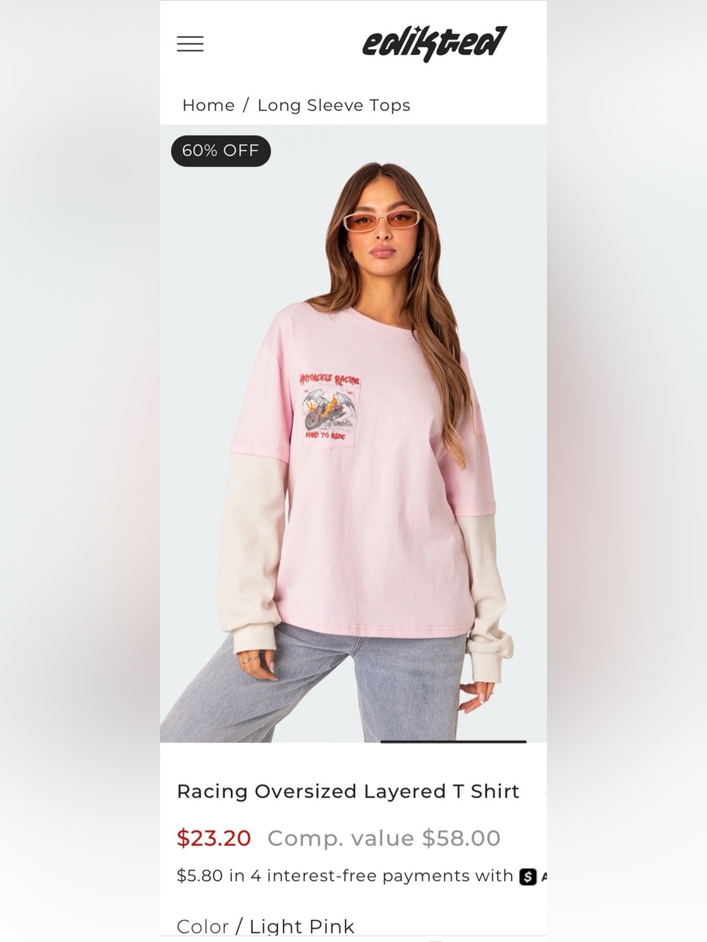 Edikted Light Pink Crewneck with Cream Layered Sleeves